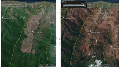 Perbandingan lahan pegunungan di Kecamatan Wera, Kabupaten Bima pada tahun 2020 dan 2023 dilihat dari Citra Satelit. Sumber: BPDAS
