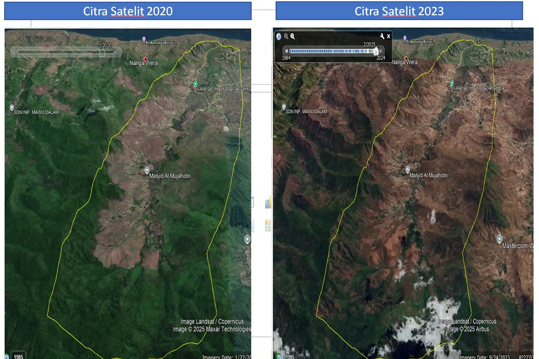 Perbandingan lahan pegunungan di Kecamatan Wera, Kabupaten Bima pada tahun 2020 dan 2023 dilihat dari Citra Satelit. Sumber: BPDAS