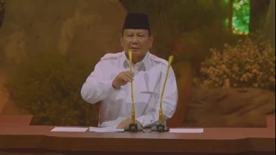 Presiden ke-8 RI, Prabowo Subianto saat memberikan Pidato dalam acara HUT Gerindra