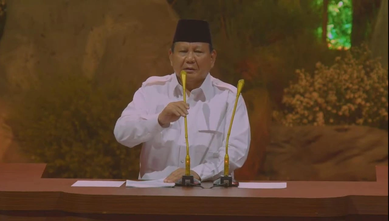 Presiden ke-8 RI, Prabowo Subianto saat memberikan Pidato dalam acara HUT Gerindra