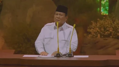 Presiden ke-8 RI, Prabowo Subianto saat memberikan Pidato dalam acara HUT Gerindra
