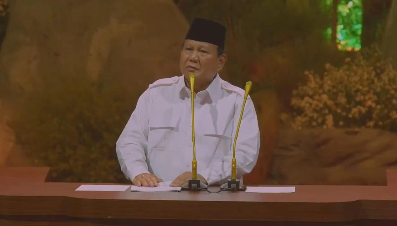 Presiden ke-8 RI, Prabowo Subianto saat memberikan Pidato dalam acara HUT Gerindra