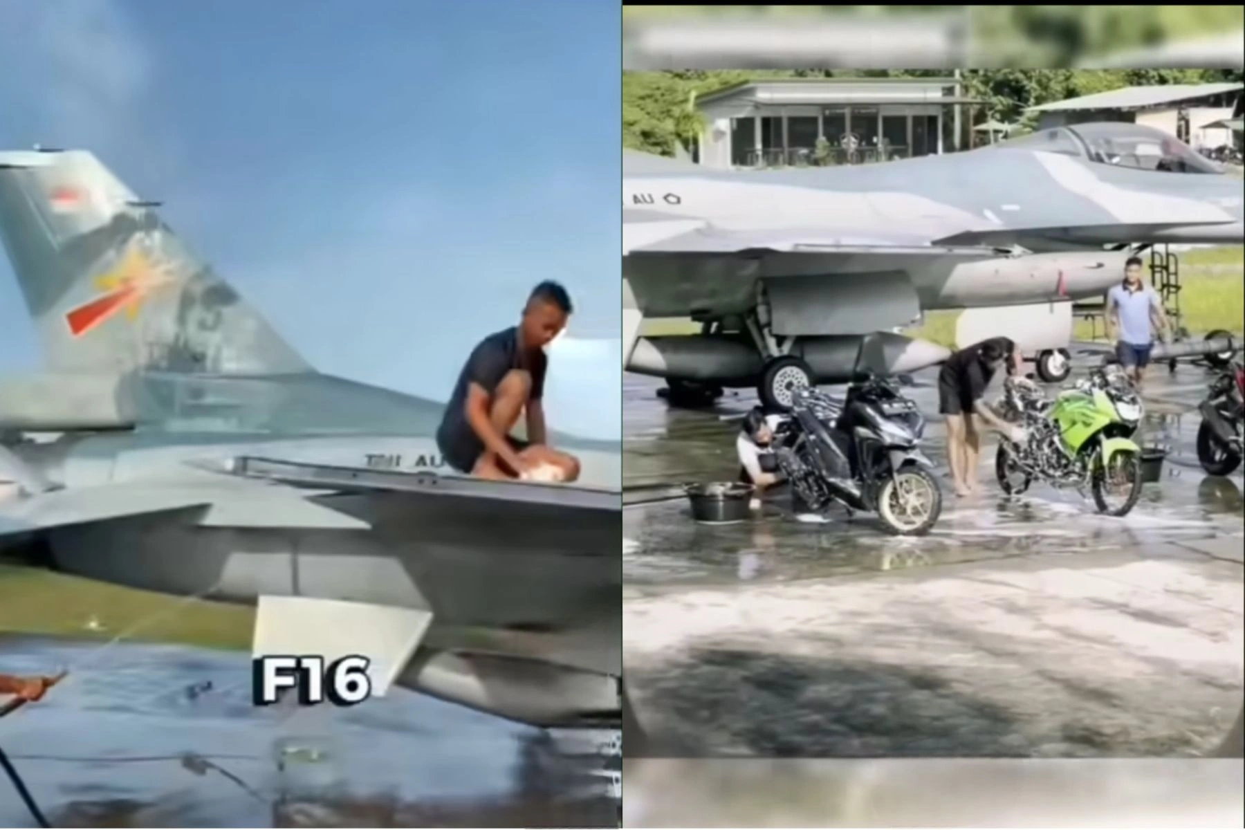Anggota TNI AL cuci pesawat F-16 secara manual