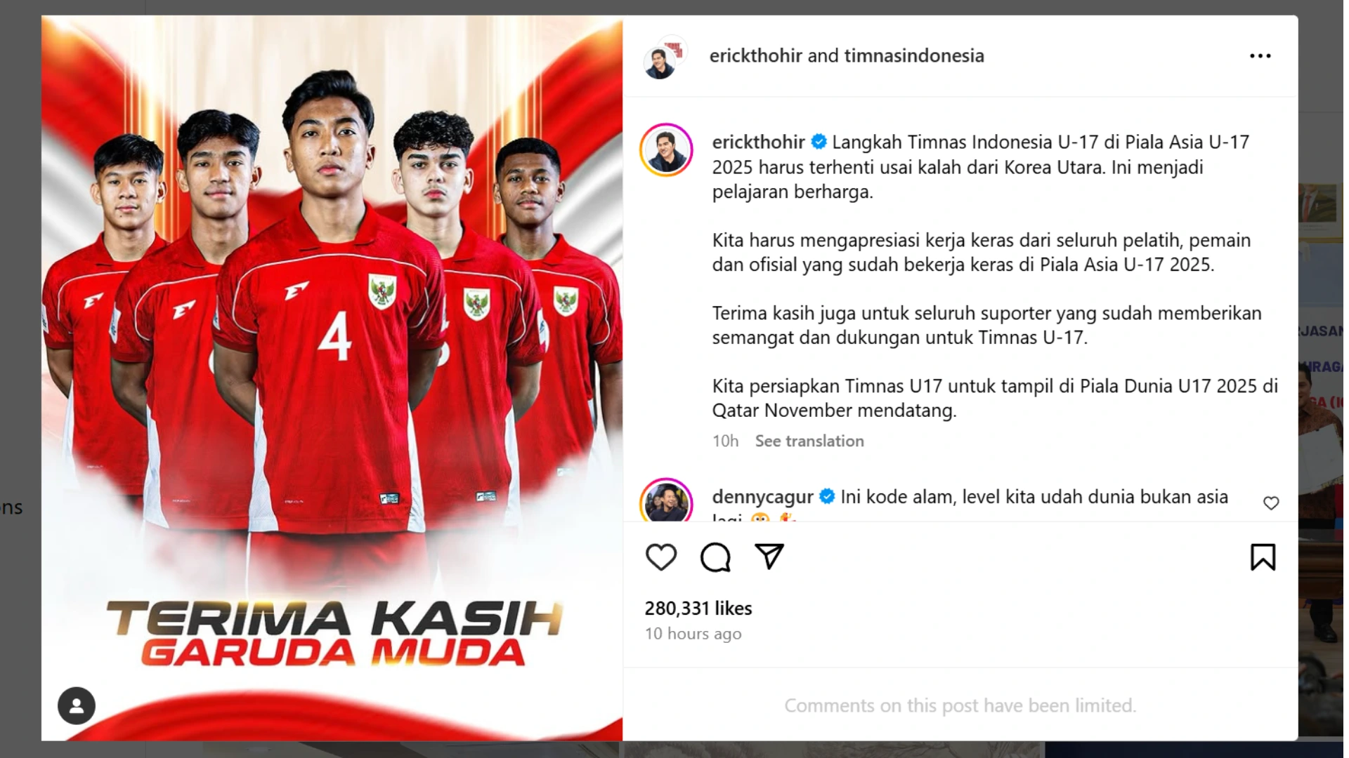 Tanggapan Erick Thohir Indonesia Korea Utara 0-6 Piala Asia U-17 2025