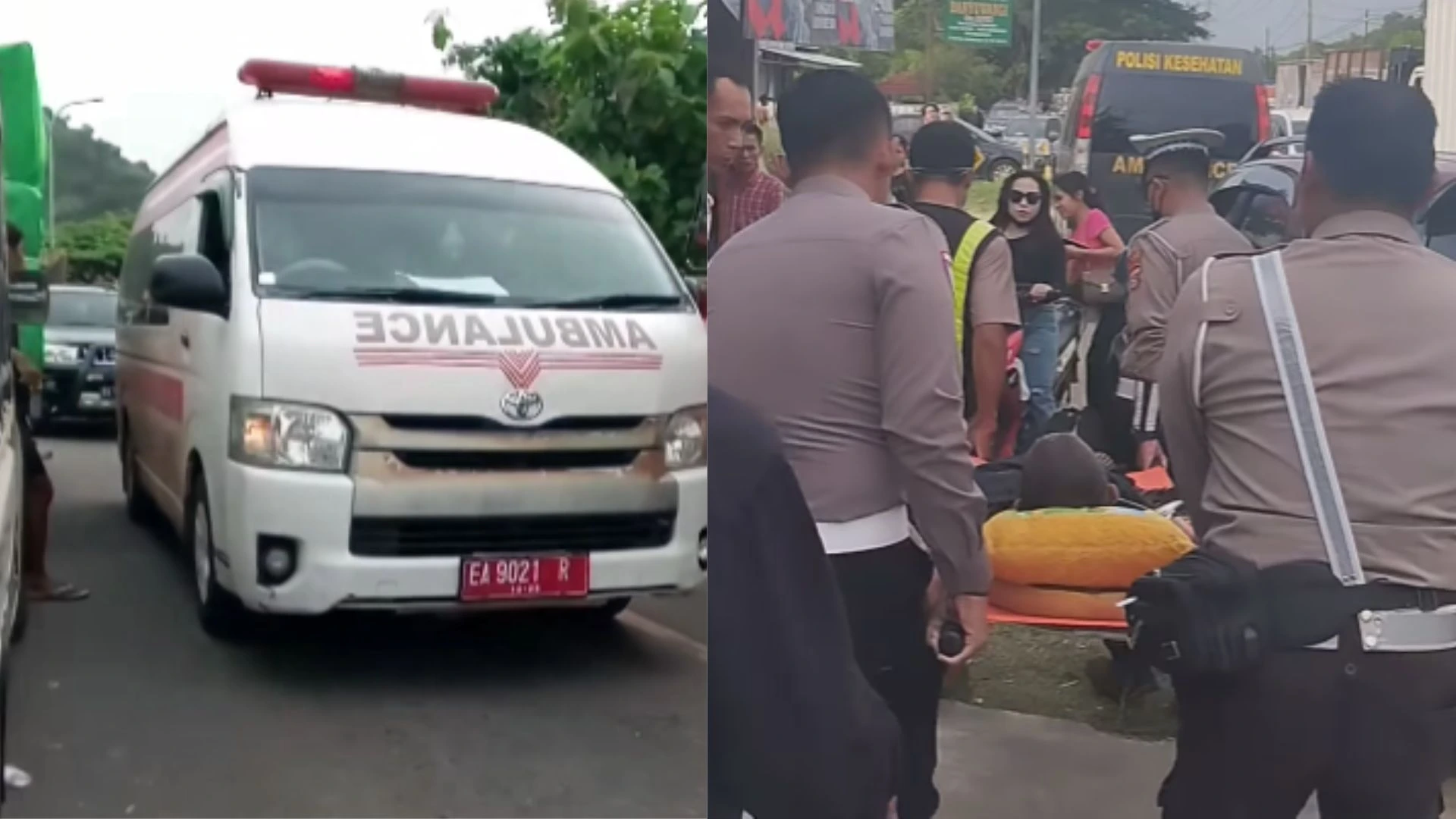 Kolase Mobil Ambulans dan Pasien Ditandu Akibat Blokade Pelabuhan Poto Tano