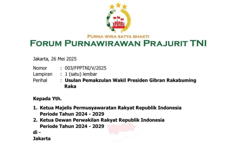 Surat Forum Purnawirawan Prajurit TNI Desak Gibran Dimakzulkan