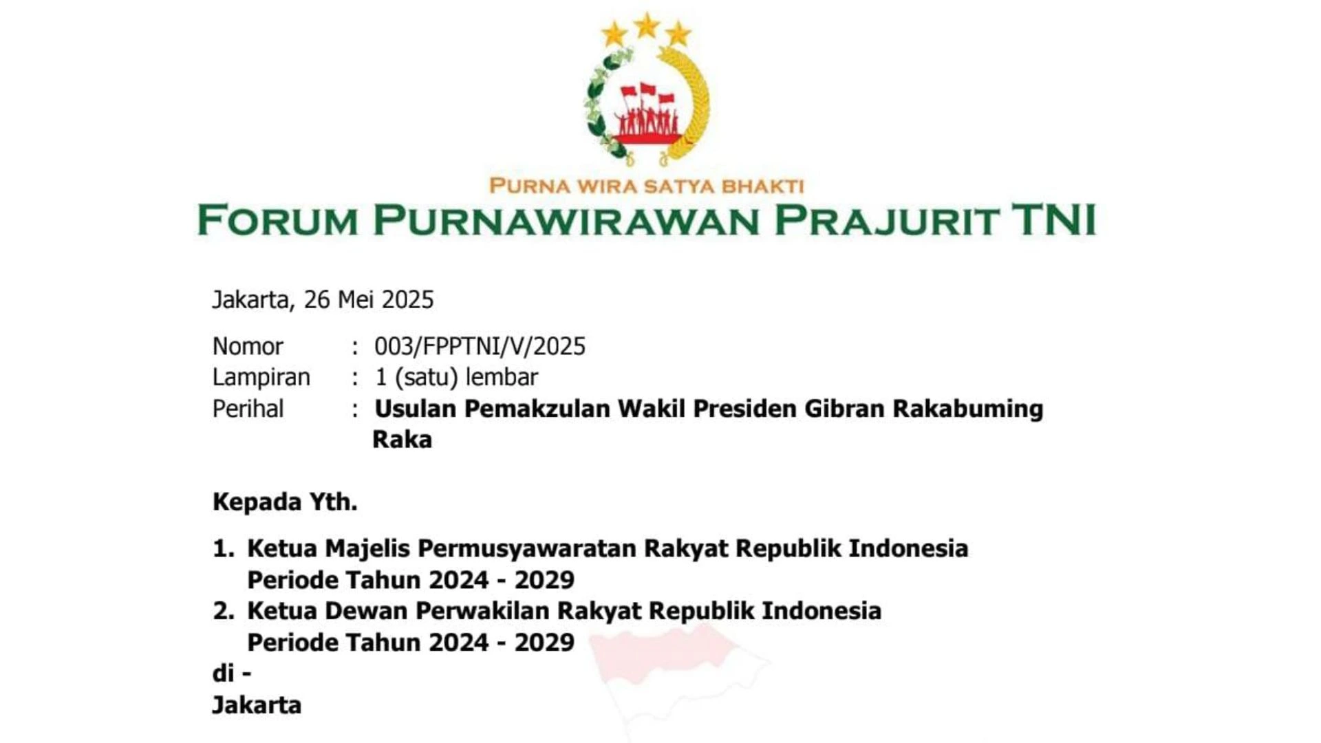 Surat Forum Purnawirawan Prajurit TNI Desak Gibran Dimakzulkan