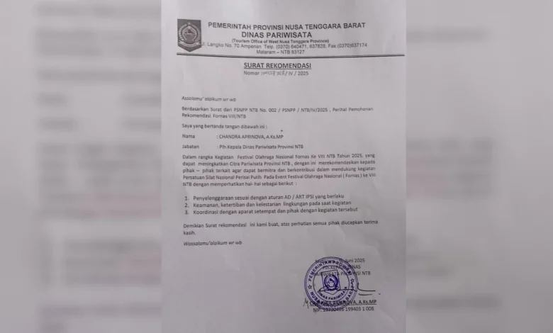 Surat Dinas Pariwisata NTB Minta Dukungan Fornas VIII 2025