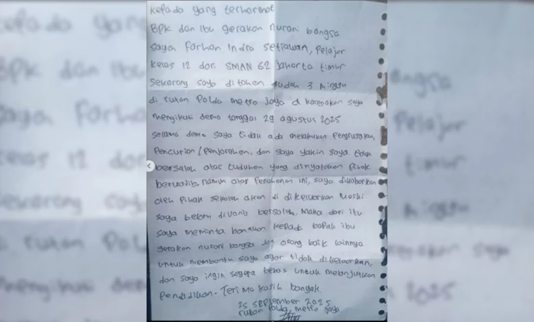 Pelajar SMA Farhan Indra Tulis Surat dari Tahanan