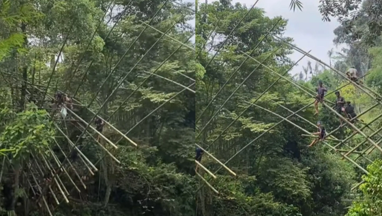 Kolase foto warga Baduy bikin jembatan bambu. Foto: Instagram @aseplemburbaduy