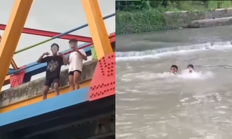 Aksi dua remaja melompat dari jembatan demi sebuah konten.