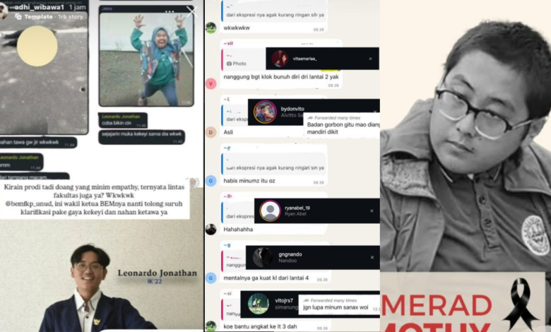 Kolase foto Thimoty dengan hasil tangkapan layar obrolan grup yang memperlihatkan tindakan perundungan terhadapnya.