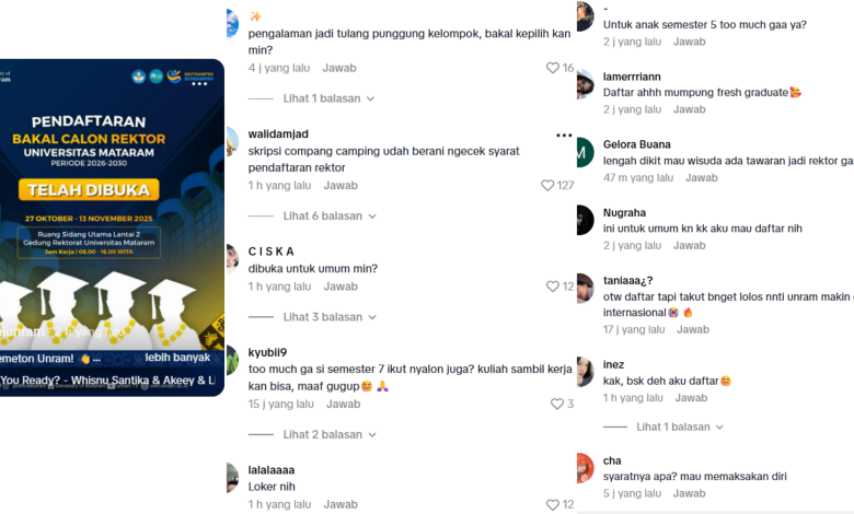 Kolase foto tangkapan layar unggahan akun Tiktok Unram dan komentar lucu warganet.