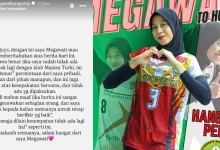 Kolase foto Megawati Hangestri dengan unggahan Instagram yang menjelaskan alasannya meninggalkan Manisa BBSK.