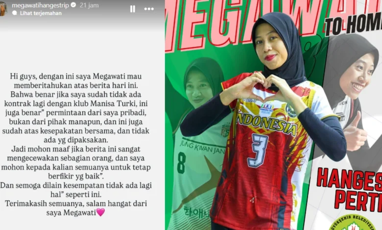 Kolase foto Megawati Hangestri dengan unggahan Instagram yang menjelaskan alasannya meninggalkan Manisa BBSK.