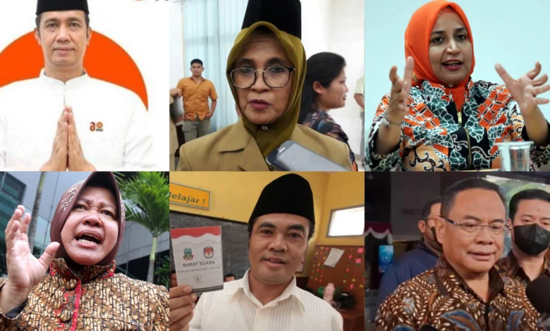 Kolase foto enam kepala daerah, Hefriansyah Noor, Susanti Dewayani, Faida, Tri Rismaharini, Aceng Fikri, dan Sudewo.