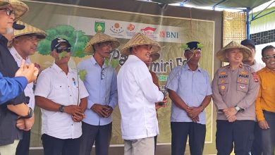 Wakil Bupati Sumbawa, Drs. H. Mohamad Ansori saat menyerahkan bibit kepada salah satu kepala desa di Kecamatan Ropang.