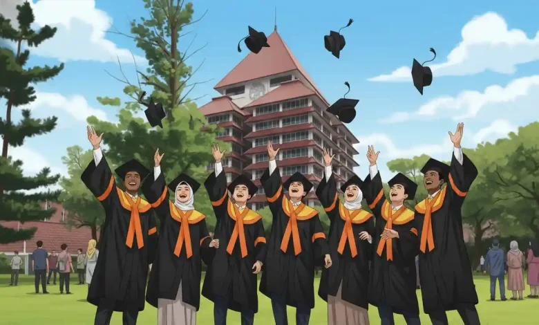 Ilustrasi mahasiswa sedang merayakan kelulusan wisuda program magang nasional
