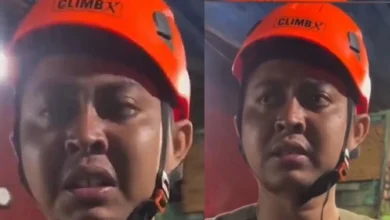 Kolase foto seorang anggota Badan Penanggulangan Bencana Daerah (BPBD) Aceh tak kuasa menahan tangis saat melaporkan dampak banjir bandang.