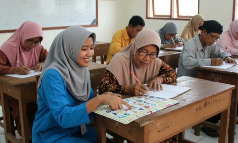 Ilustrasi seseorang mengajari orang tua sedang membaca dan menulis.