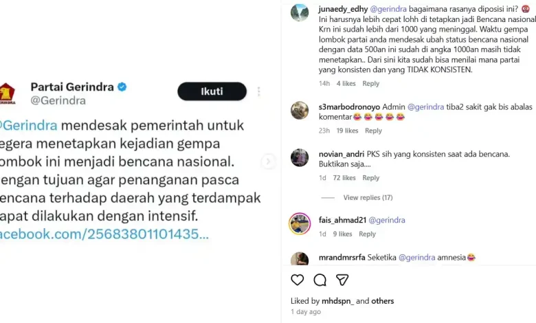 Warganet Soroti Unggahan Lama Gerindra soal Status Bencana Lombok