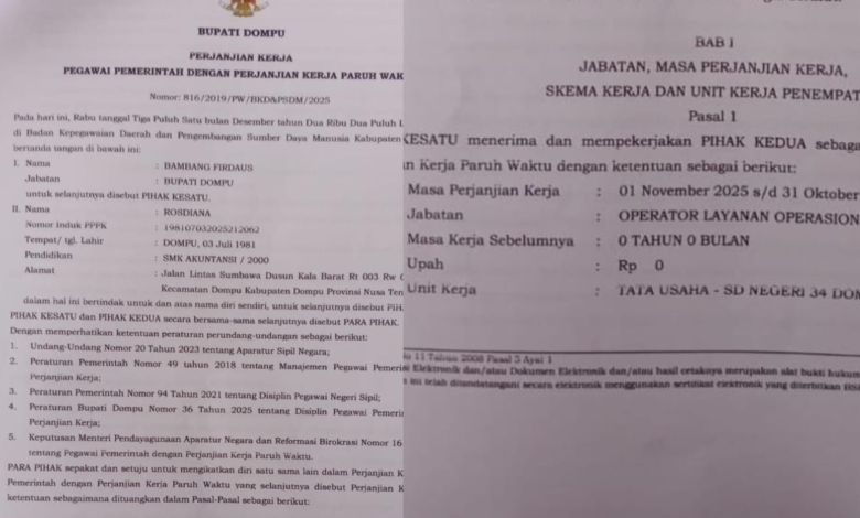Kolase foto SK salah satu pegawai PPPK paruh waktu Kabupaten Dompu bergaji nol rupiah.