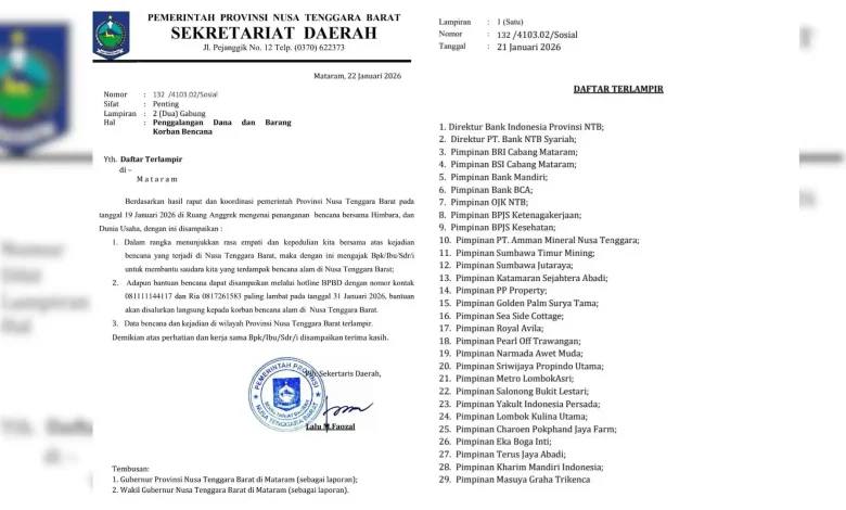 Surat Plh Sekda NTB Minta Sumbangan Swasta untuk Tangani Bencana