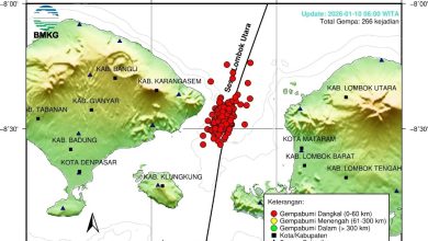 Aktivitas seismik di wilayah Selat Lombok pada 5 Januari hingga 10 Januari 2026.