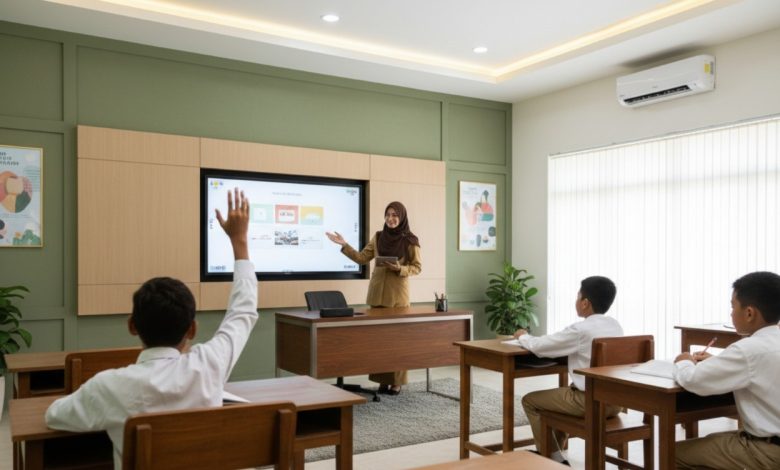 Ilustrasi seorang guru sedang mengajar di sekolah Garuda.