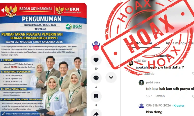 Unggahan TikTok berisi hoaks tentang pendaftaran seleksi PPPK BGN 2026.