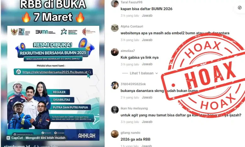 Unggahan akun TikTok @siapbumn.id berisi informasi mengenai Rekrutmen BUMN menggunakan poster tahun 2025.