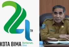 Kolase foto Logo dan tema HUT Ke-24 Kota Bima bersama Sekda Kota Bima selaku Ketua Panitia peringatan HUT ke-24,Muhammad Fakhrunraji.