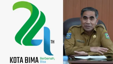 Kolase foto Logo dan tema HUT Ke-24 Kota Bima bersama Sekda Kota Bima selaku Ketua Panitia peringatan HUT ke-24,Muhammad Fakhrunraji.
