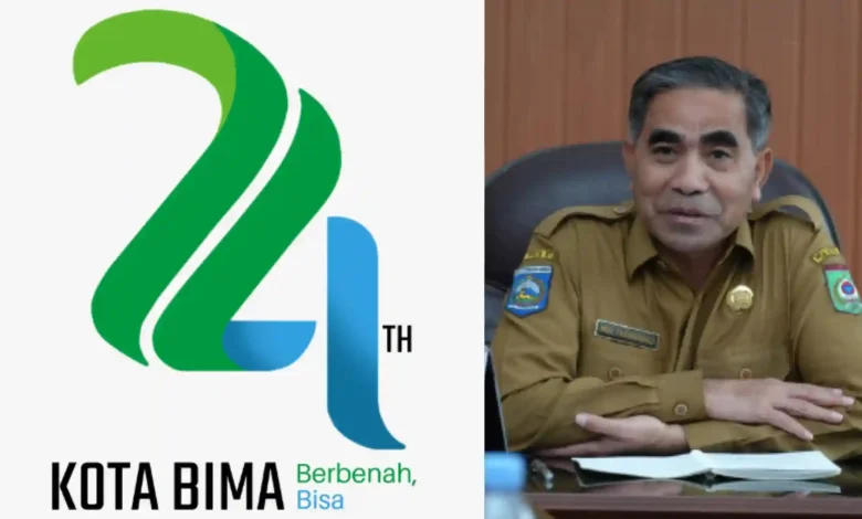 Kolase foto Logo dan tema HUT Ke-24 Kota Bima bersama Sekda Kota Bima selaku Ketua Panitia peringatan HUT ke-24,Muhammad Fakhrunraji.