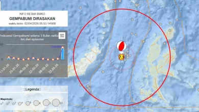 BMKG mencatat gempa bumi berkekuatan magnitudo 7,3 mengguncang Bitung, Sulawesi Utara pada Kamis pagi, 2 April 2026.