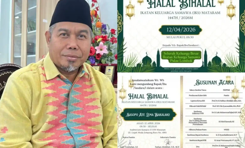 Kolase foto Ketua IKS Pulau Lombok, Prof. Dr. H. Subhan Abdullah Acim, dengan undangan Halalbihalal IKS 2026.