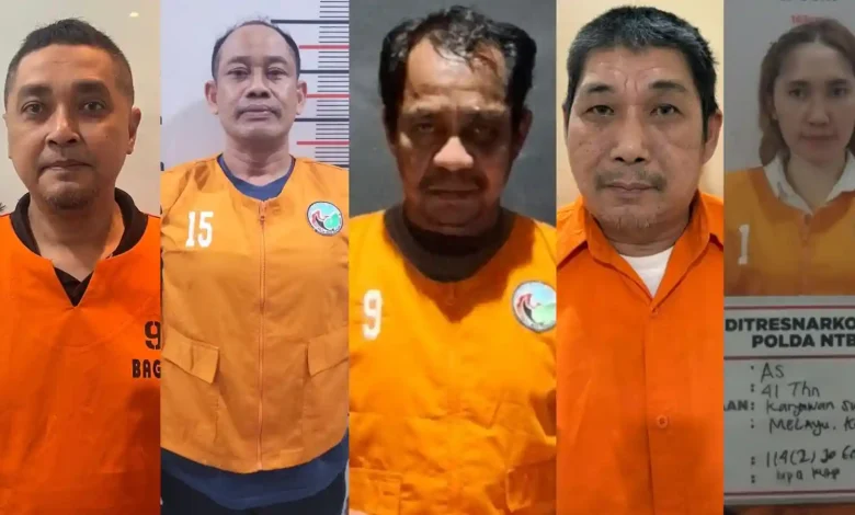 Dari kiri ke kanan tersangka kasus TPPU narkoba yang ditetapkan Bareskrim Polri: Didik Putra Kuncoro, Malaungi, Abdul Hamid alias Boy, Alex Iskandar, dan Ais Setiawati.