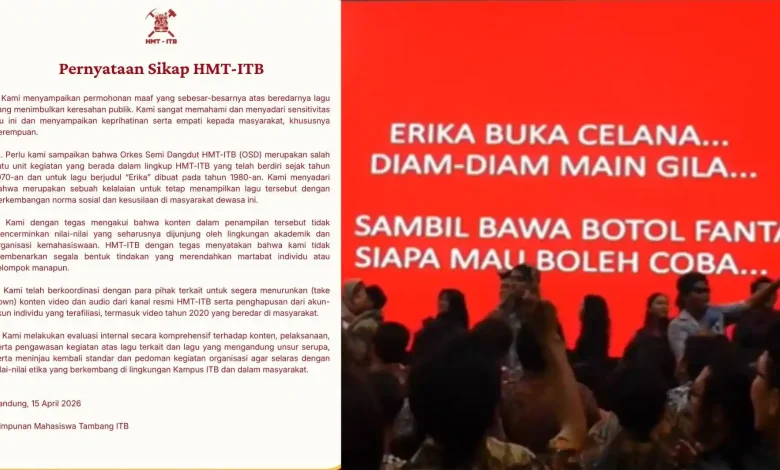 Kolase foto permintaan maaf HMT ITB dengan suasana perayaan OSD yang sedang viral.