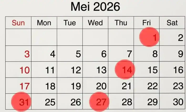 Ilustrasi Kalender Bulan Mei 2026.