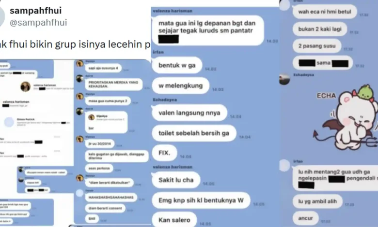 Kolase foto dugaan isi percakapan grup 16 mahasiswa FH UI yang diduga terlibat dalam kasus kekerasan seksual.