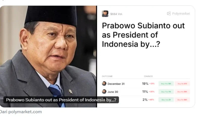 Presiden Prabowo Subianto menjadi bahan taruhan di Polymarket.