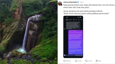 Kolase foto jalur Torean Gunung Rinjani dan unggahan kreator Canro Simarmata yang menampilkan pesan tim UKP Pariwisata yang meminta video secara gratis.