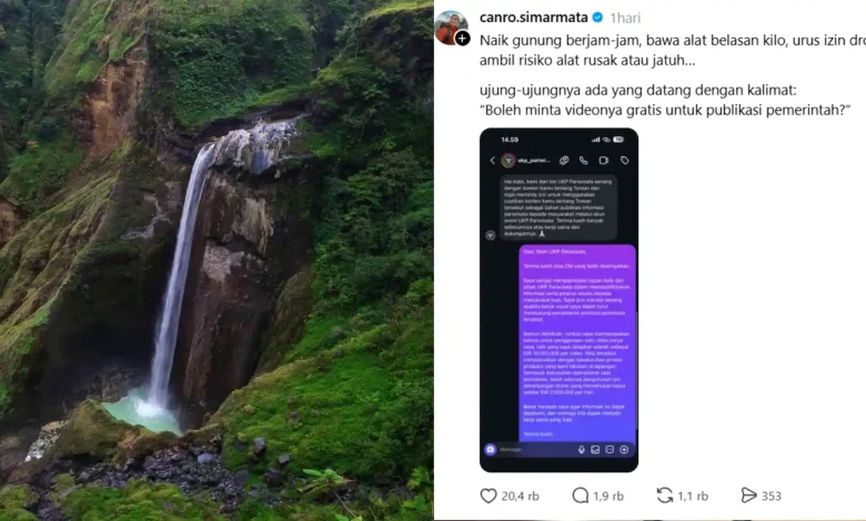 Kolase foto jalur Torean Gunung Rinjani dan unggahan kreator Canro Simarmata yang menampilkan pesan tim UKP Pariwisata yang meminta video secara gratis.