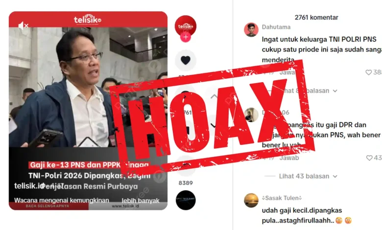 Tangkapan layar unggahan TikTok berisi hoaks pemangkasan gaji ke-13 ASN, PPPK, TNI, dan Polri oleh Menteri Keuangan RI, Purbaya Yudhi Sadewa.