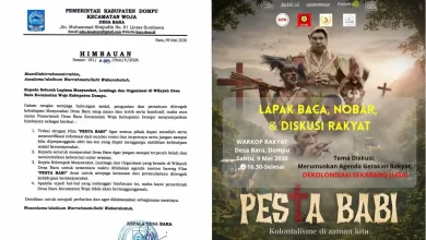 Kolase foto surat imbauan Pemerintah Desa Bara, Dompu, terkait larangan sementara agenda nonton bareng film dokumenter “Pesta Babi” serta poster kegiatan nobar di Warkop Rakyat Desa Bara, Kabupaten Dompu.