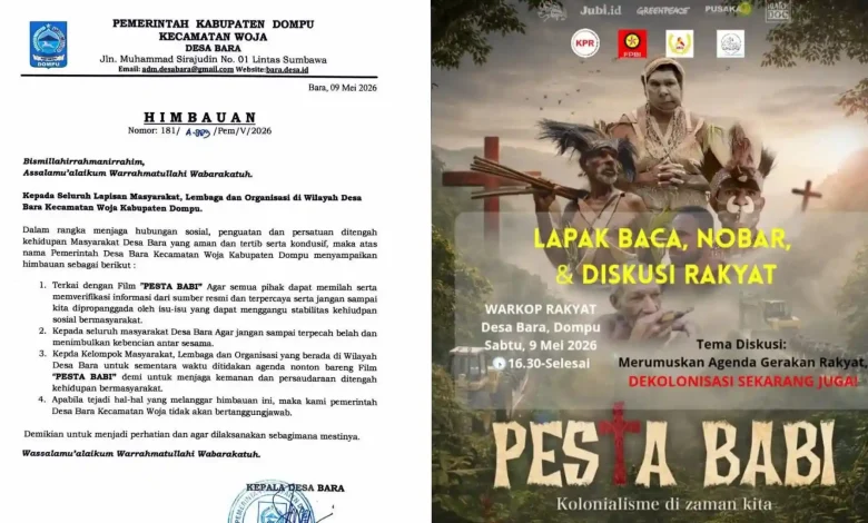 Kolase foto surat imbauan Pemerintah Desa Bara, Dompu, terkait larangan sementara agenda nonton bareng film dokumenter “Pesta Babi” serta poster kegiatan nobar di Warkop Rakyat Desa Bara, Kabupaten Dompu.
