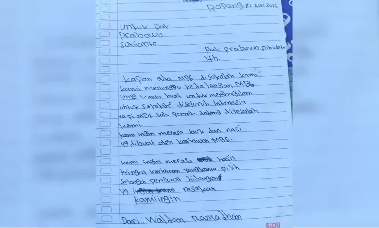 Surat tulisan tangan Waldan Ramadhan, siswa SD Negeri Lebangkar, Kecamatan Ropang, Kabupaten Sumbawa, yang berisi permintaan program MBG kepada Presiden Prabowo Subianto.