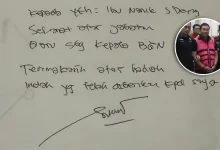 Tulisan tangan eks Wakil Kepala Manager Operasional BGN, Sony Sonjaya, setelah pemilihan kepala Badan Gizi Nasional yang baru. Rabu, 3 Juni 2026.