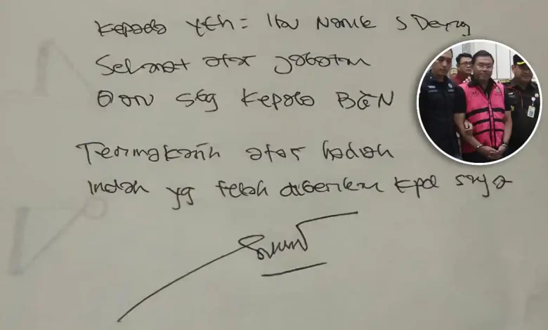 Tulisan tangan eks Wakil Kepala Manager Operasional BGN, Sony Sonjaya, setelah pemilihan kepala Badan Gizi Nasional yang baru. Rabu, 3 Juni 2026.