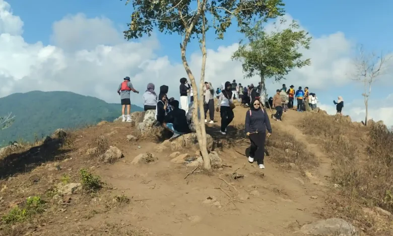 Wisatawan saat berada di Puncaak Bukit Keteri, destinasi wisata yang sedang viral di Lombok Barat, Minggu, 14 Juni 2026.